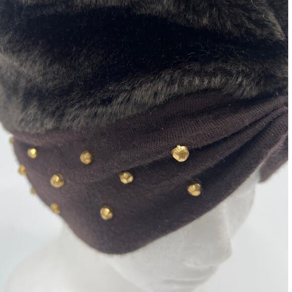 Vtg 60s Faux Fur Turban Womens Hat Gold Stud Jackie O Mad Men Retro Glam Brown - Picture 3 of 7